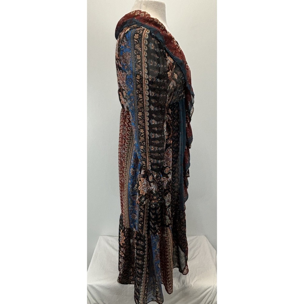 Zara Patchwork Maxi Dress Sz Medium Boho Ruffle Trim Forest Fairy Vneck - Picture 4 of 8